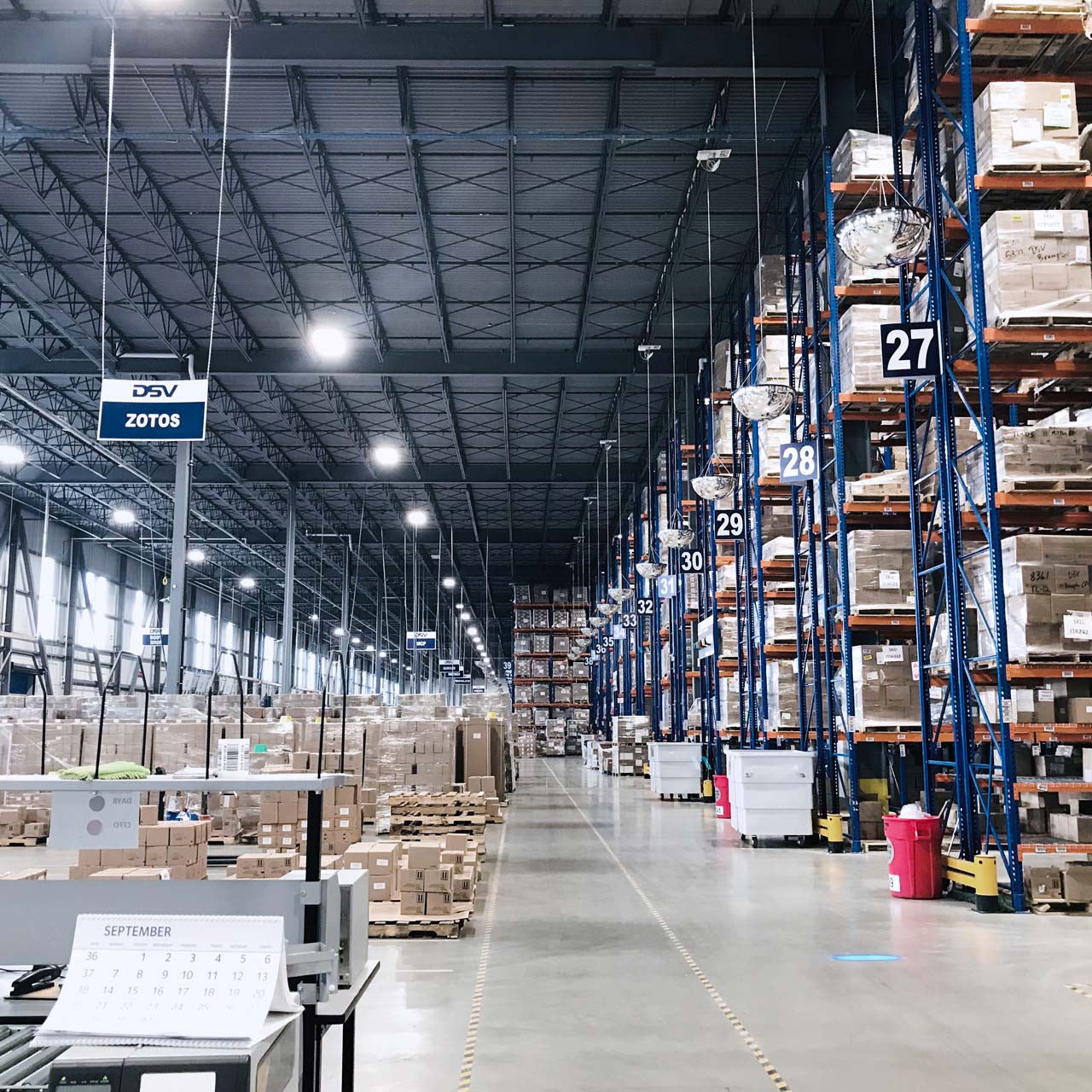 View alongside racks in warehouse, Milton, Canada